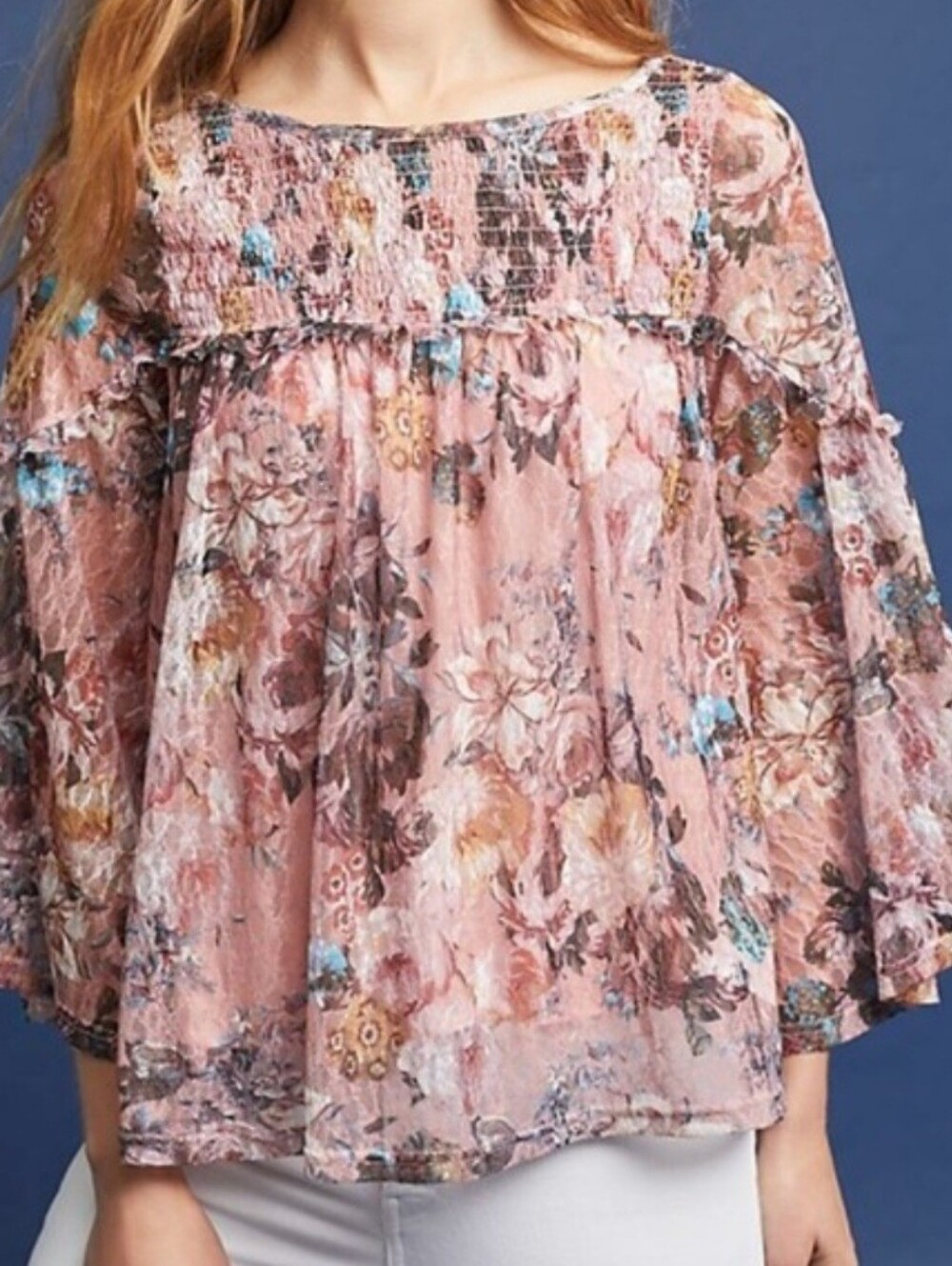 Anthropologie Boho Floral Smocked Peasant Shabby Chic Blouse Bell Sleeve, XS